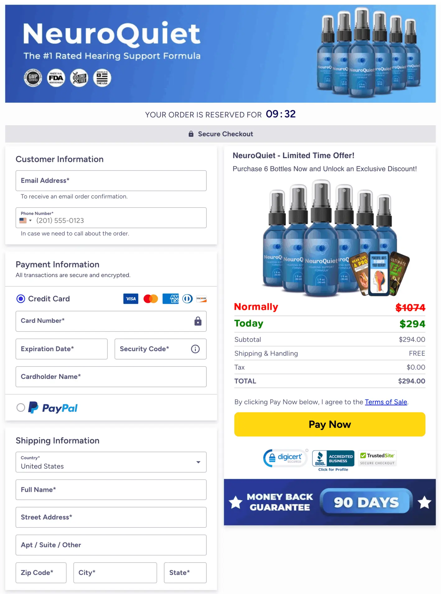 NeuroQuiet checkout page